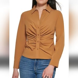 Calvin Klein Stretch Point Collar Long Sleeve Ruched Button Front Blouse